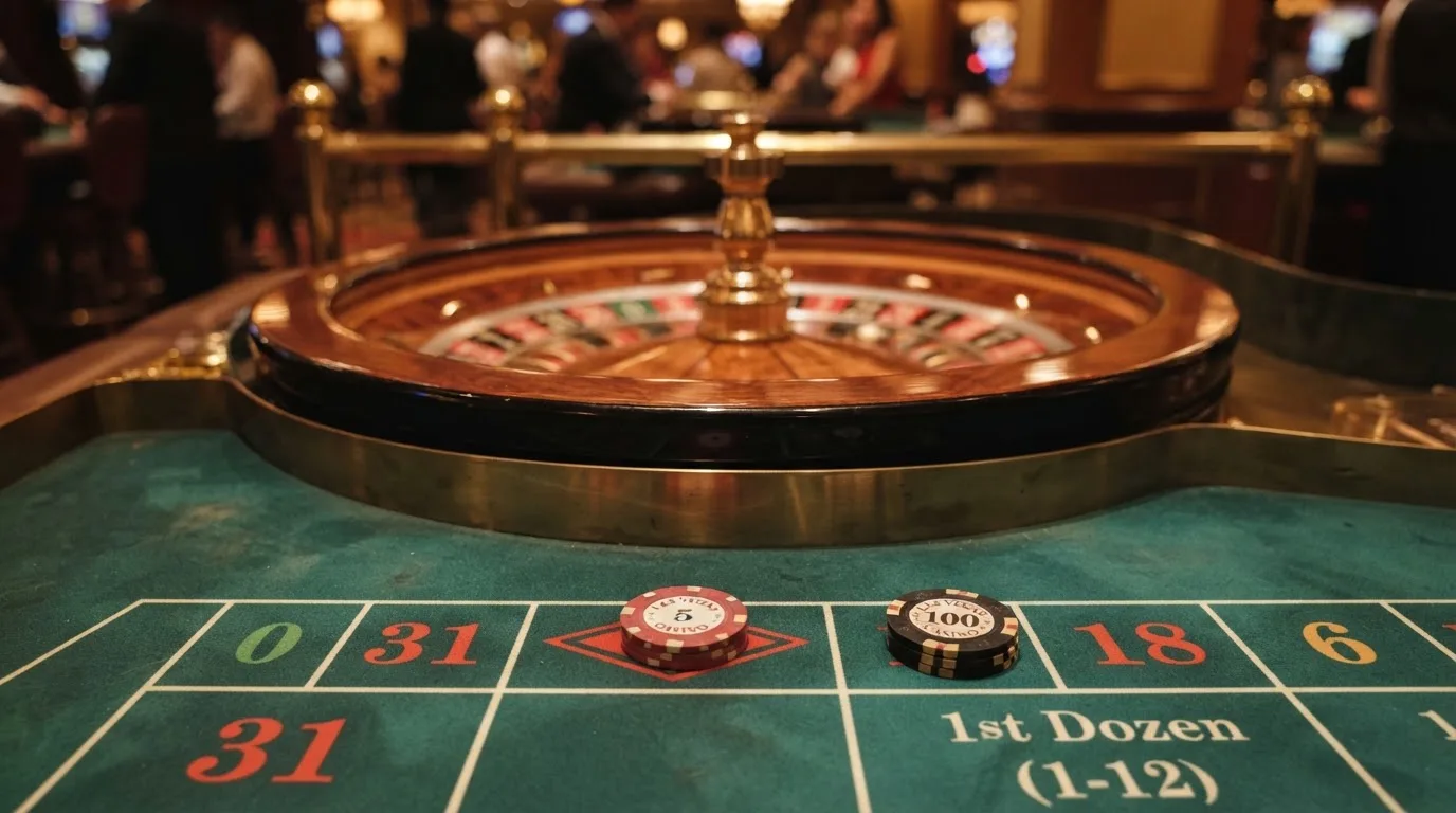 Roulettehjul og spillemærker på grønt filt i varmt aftenlys — anmeldelser af casinoer
