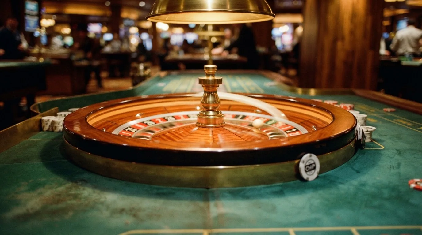 Roulettehjul og spillemærker på grønt filt i varmt aftenlys — bedste blackjack casinoer
