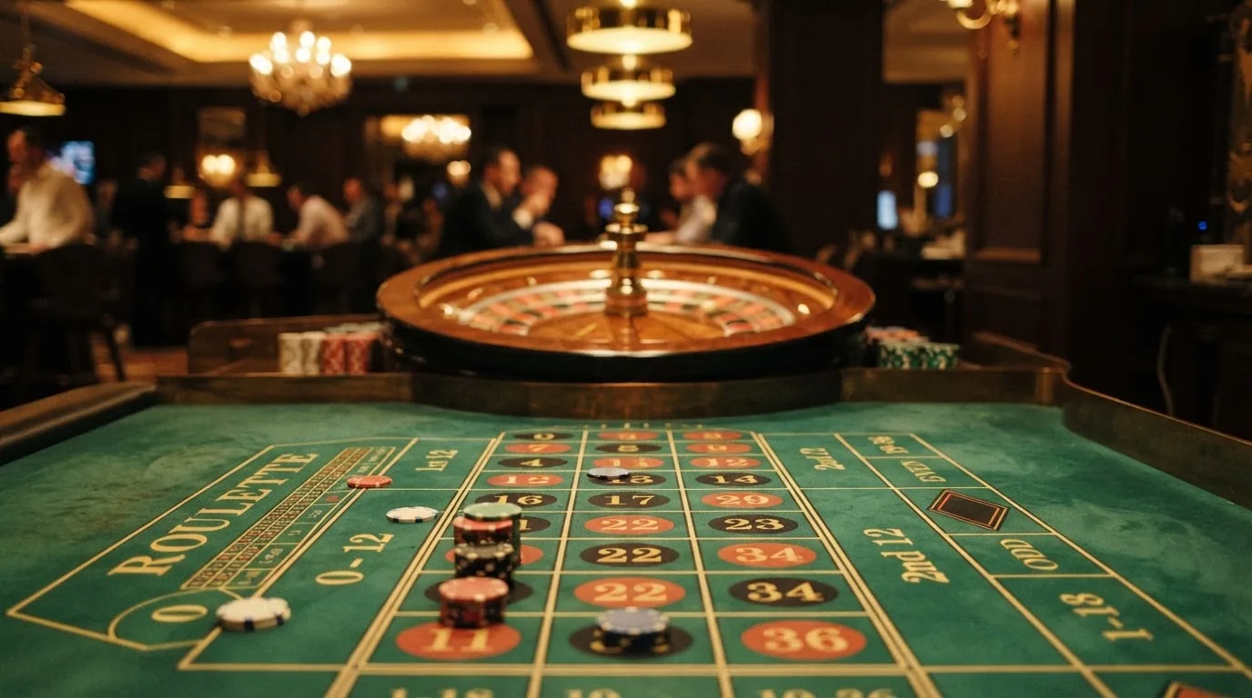 Roulettehjul og spillemærker på grønt filt i varmt aftenlys — bedste blackjack i danmark