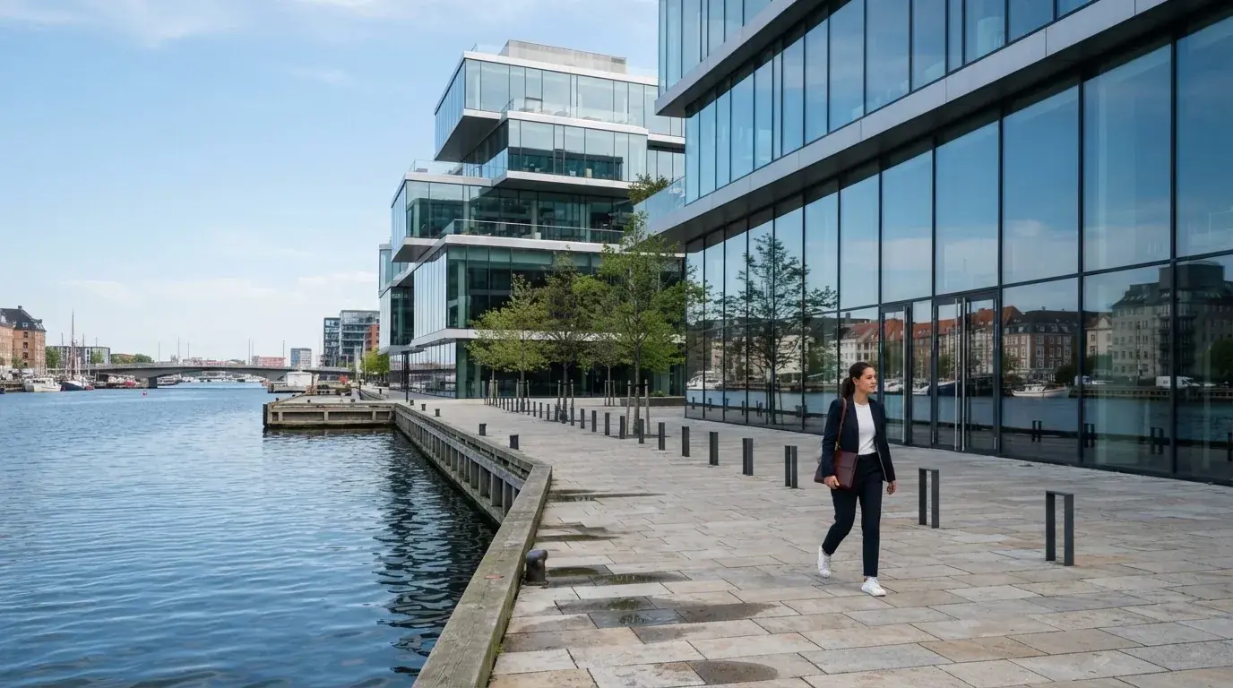 En moderne kontorbygning med glasfacade ved Københavns havn i klart dagslys, med en medarbejder i blazer, der går forbi.