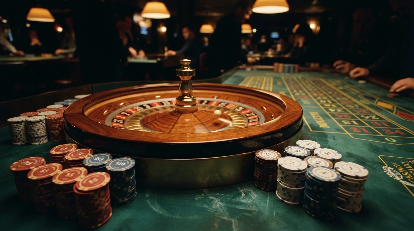 Roulettehjul og spillemærker på grønt filt i varmt aftenlys — bedste danske casino bonusser