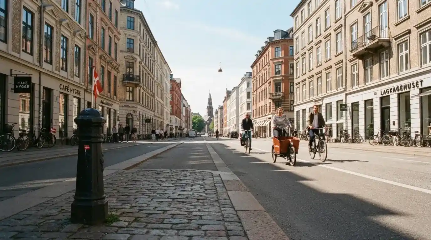Københavnsk gade med klassiske bygninger og cyklister i klart vejr, set fra fortovet.