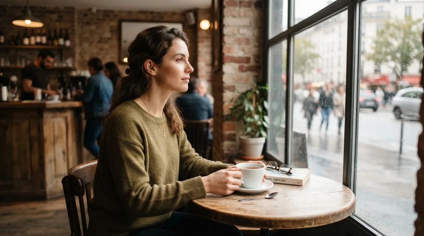 Kvinde sidder på en café med en kop te og kigger tænksomt ud ad vinduet i blødt dagslys.
