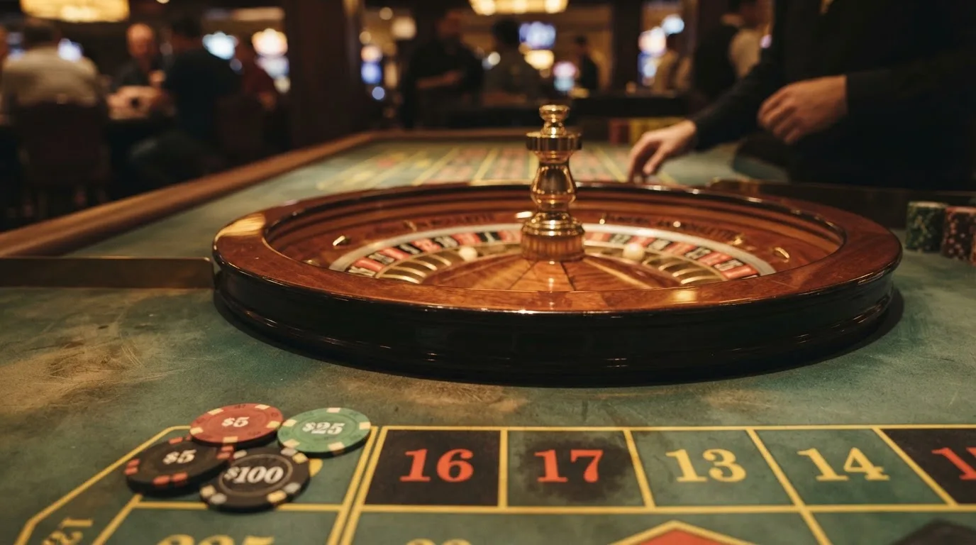 Roulettehjul og spillemærker på grønt filt i varmt aftenlys — bedste roulette casinoer
