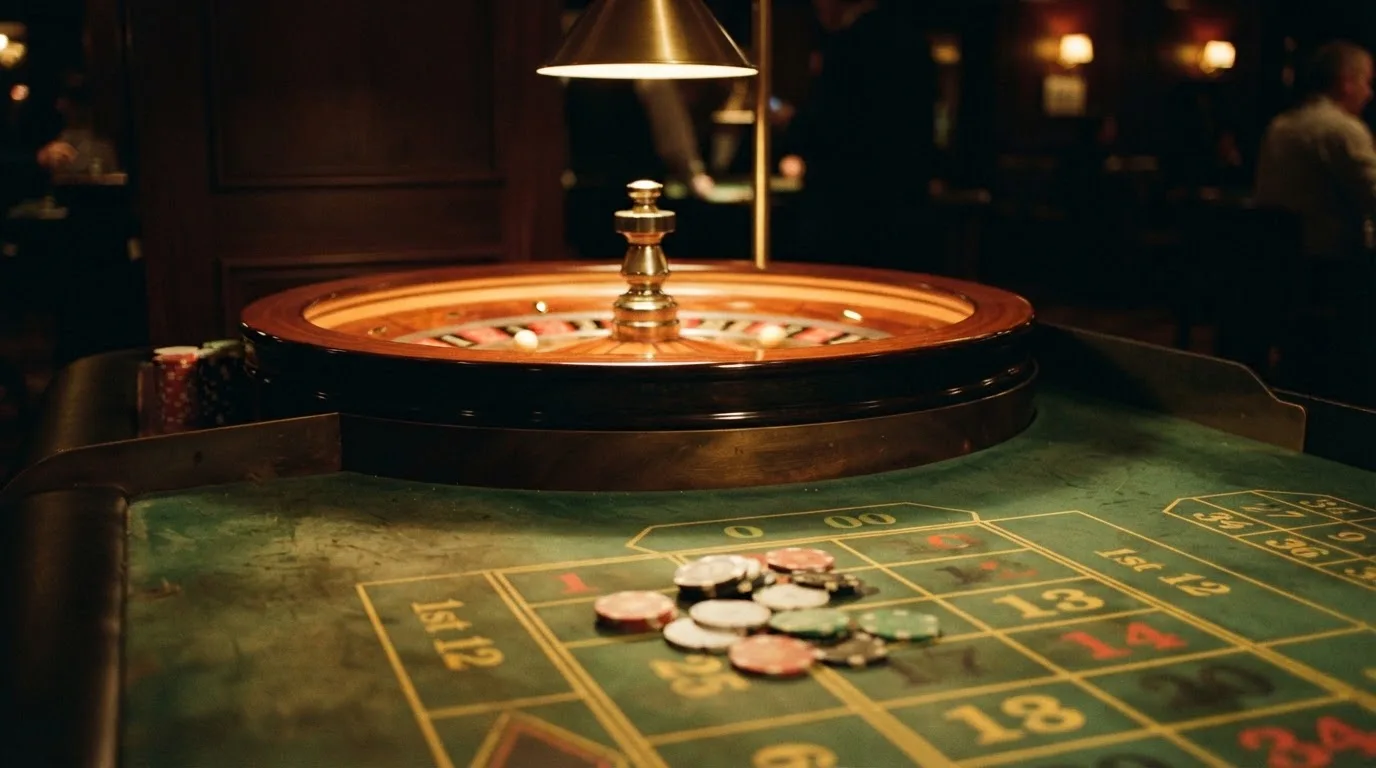 Roulettehjul og spillemærker på grønt filt i varmt aftenlys — bedste slots casinoer