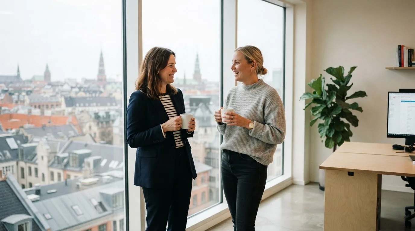 To medarbejdere står ved et stort vindue i et lyst kontor i København og taler sammen med kaffekopper i hænderne.