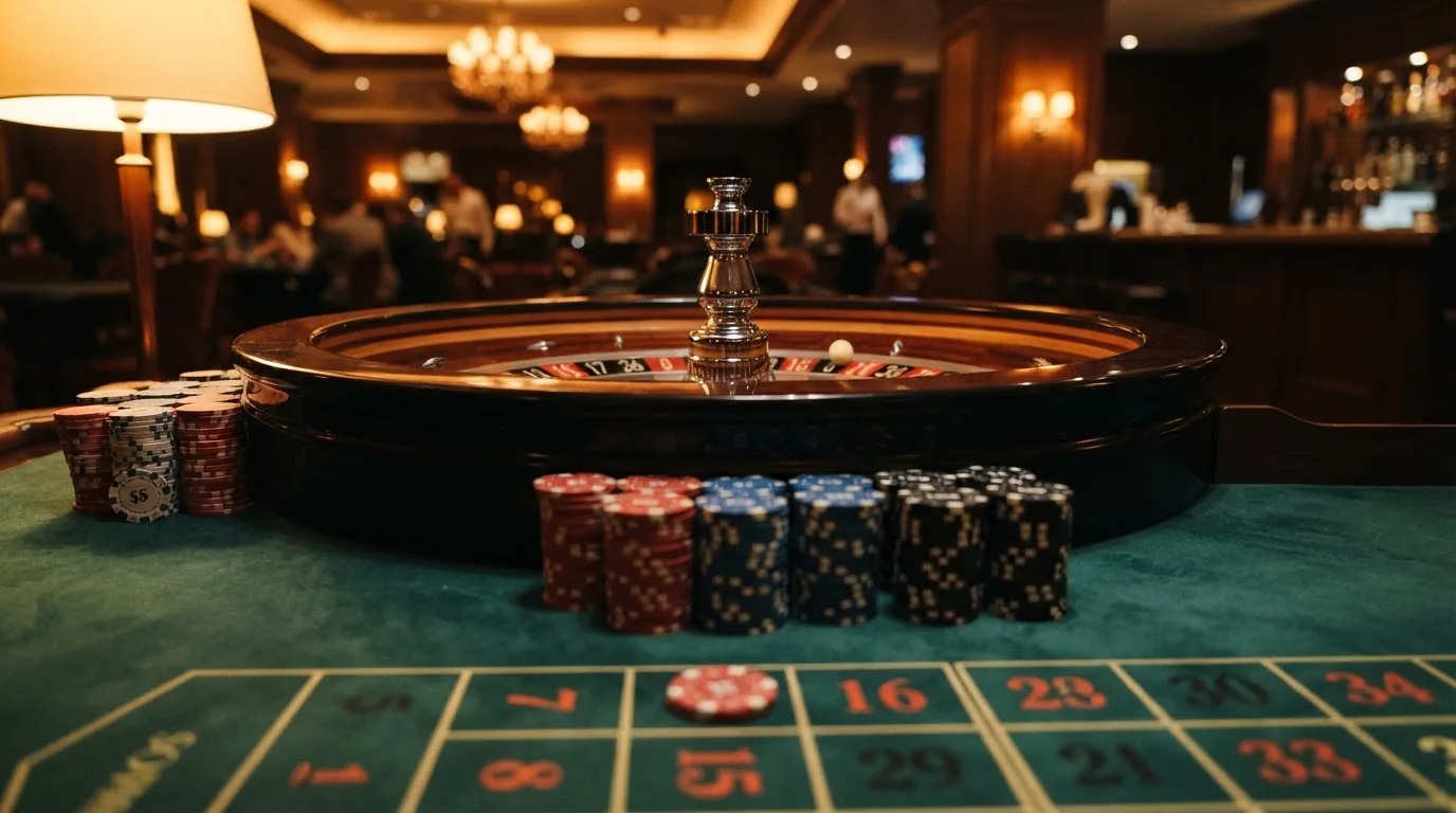 Roulettehjul og spillemærker på grønt filt i varmt aftenlys — casino bonus uden indskud dk