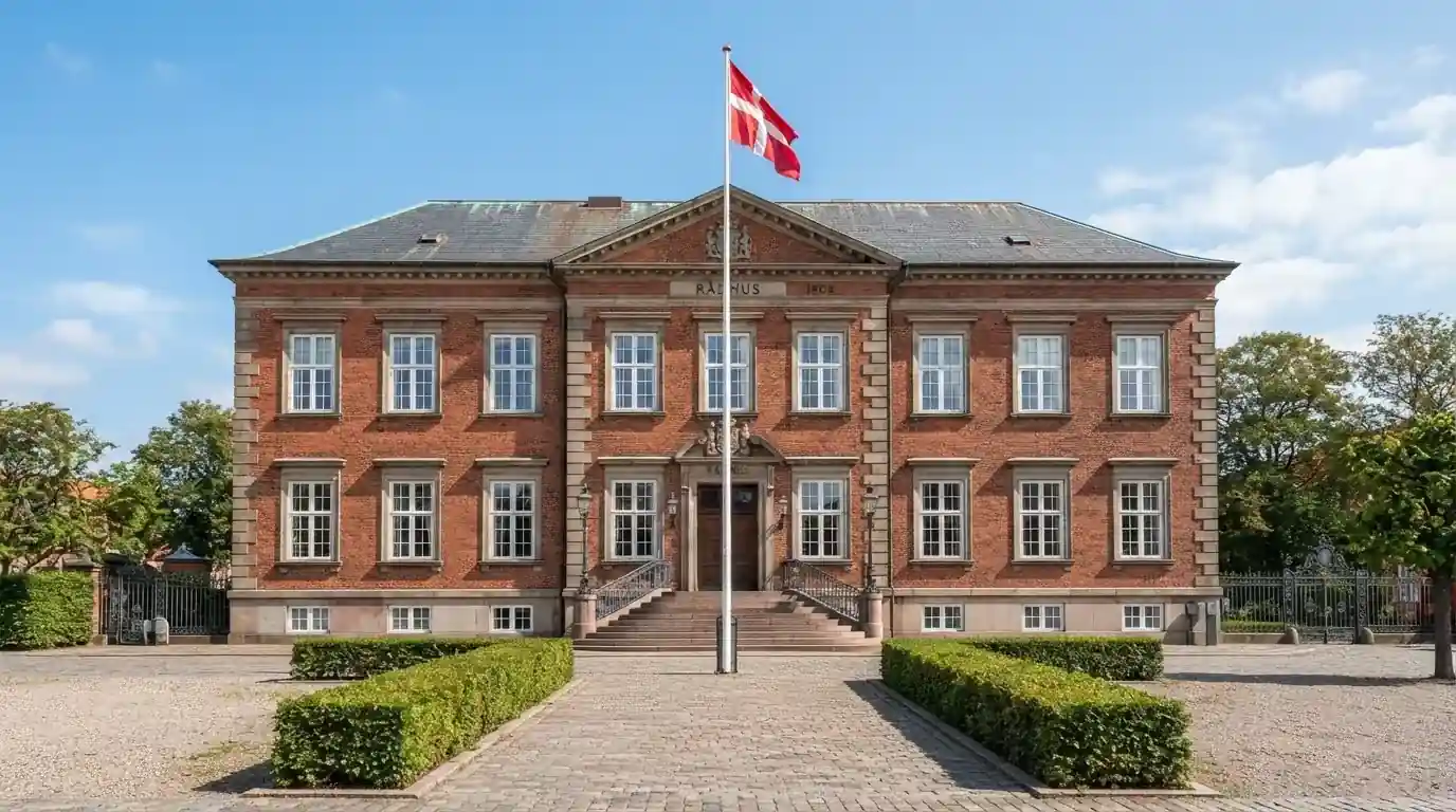 Facade af en klassisk dansk administrationsbygning i røde mursten med flagstang under blå himmel, uden personer.