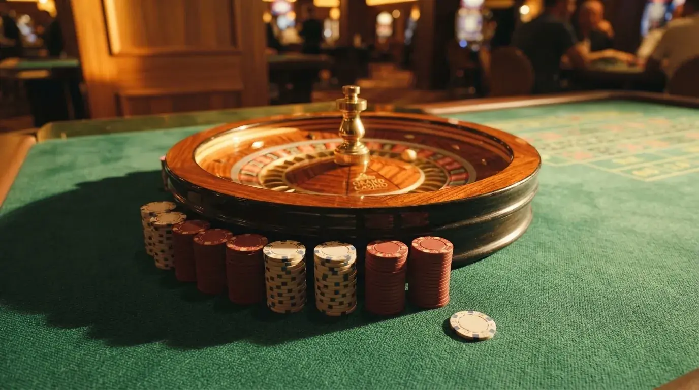 Roulettehjul og spillemærker på grønt filt i varmt aftenlys — casino med cardano i danmark