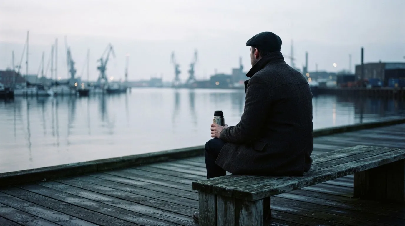 En mand sidder på en bænk ved havnen en tidlig morgen og ser ud over vandet med en termokop i hånden.