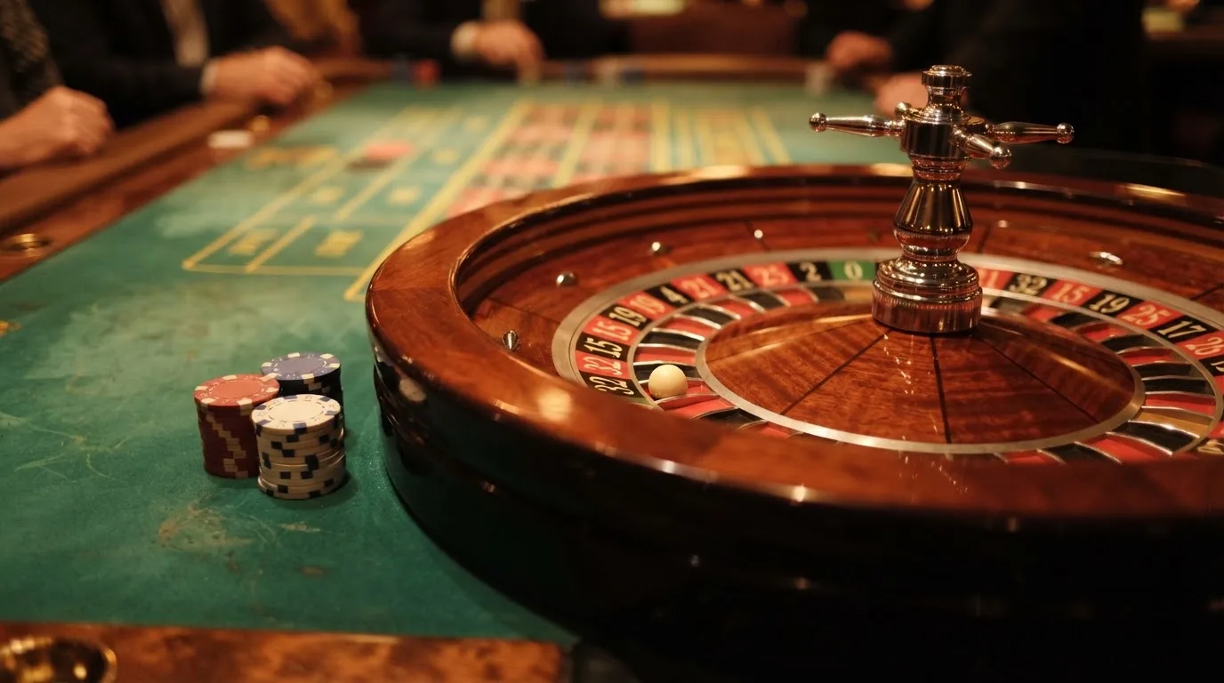 Roulettehjul og spillemærker på grønt filt i varmt aftenlys — casino med dogecoin i danmark