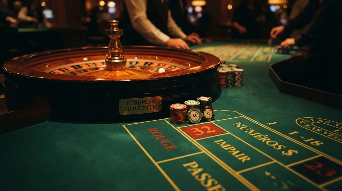 Roulettehjul og spillemærker på grønt filt i varmt aftenlys — casino med högst rtp