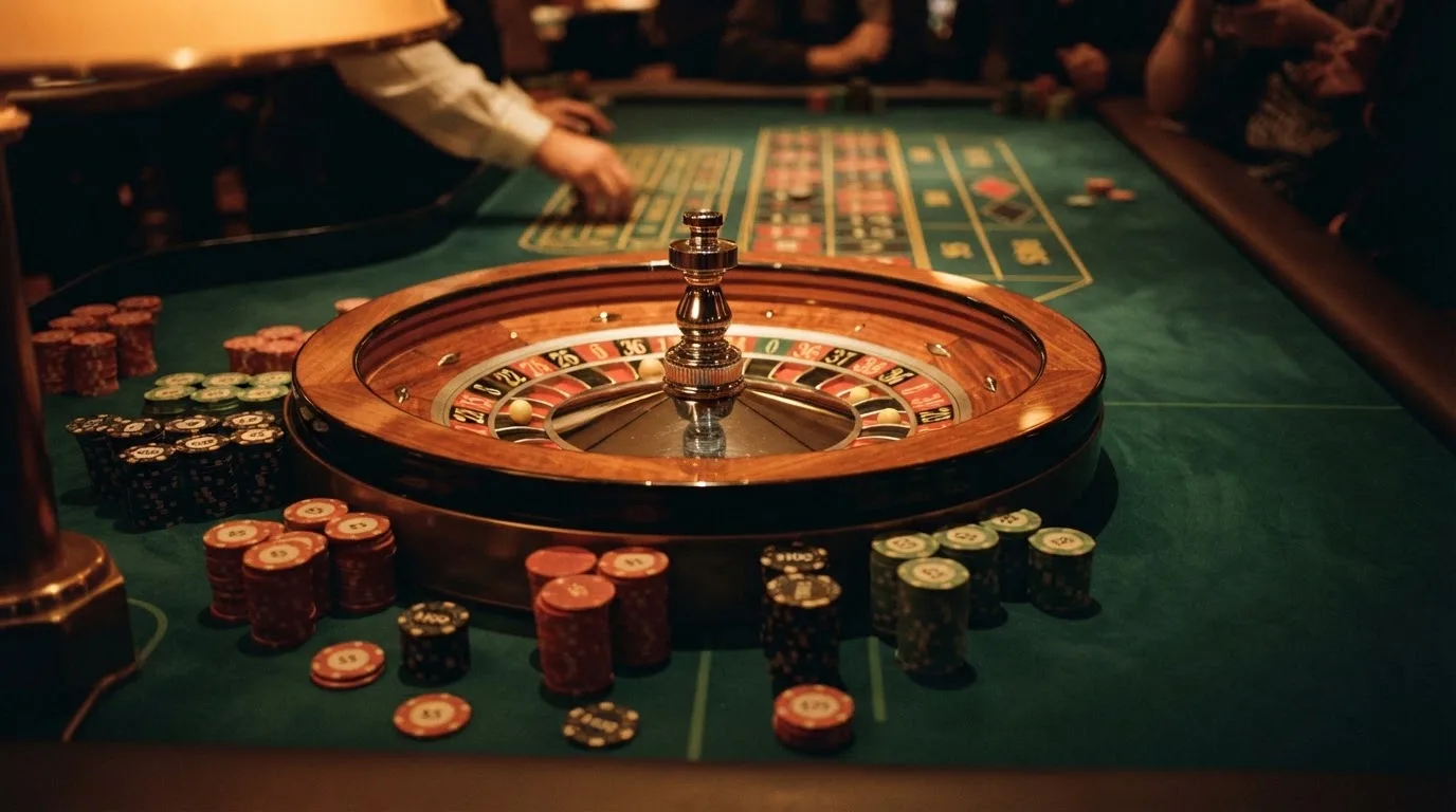 Roulettehjul og spillemærker på grønt filt i varmt aftenlys — casino på mobilen i danmark