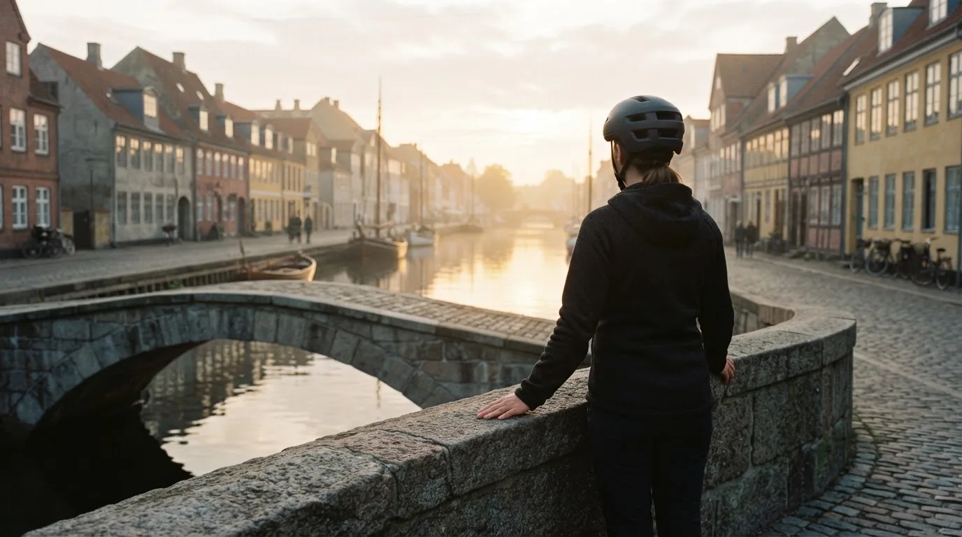 Kvinde i cykelhjelm holder pause ved en bro over en kanal og ser ud over vandet i morgenlys.