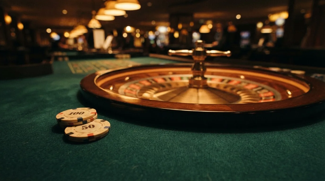 Roulettehjul og spillemærker på grønt filt i varmt aftenlys — casino uden dansk licens
