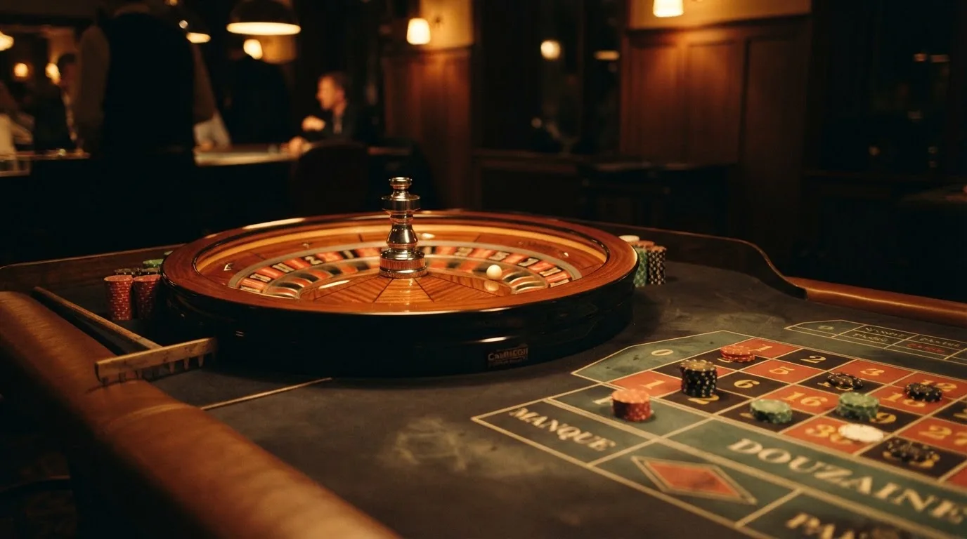 Roulettehjul og spillemærker på grønt filt i varmt aftenlys — dansk live roulette