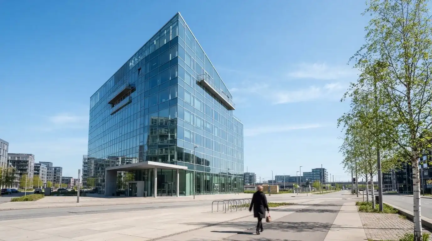 En moderne glasbygning i Ørestad en lys dag med en fodgænger i forgrunden og blå himmel bag facaden.