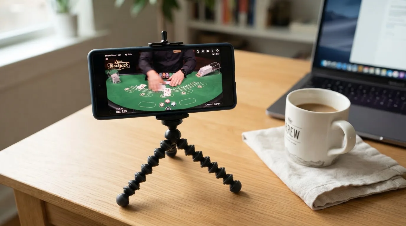 En smartphone på et stativ viser en uskarp videostream af et spillebord, mens en kaffekop står ved siden af på et skrivebord.