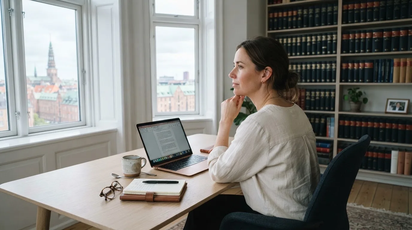 Jurist sidder ved et skrivebord i et lyst københavnsk kontor med reol, kaffekop og store vinduer og kigger eftertænksomt ud.
