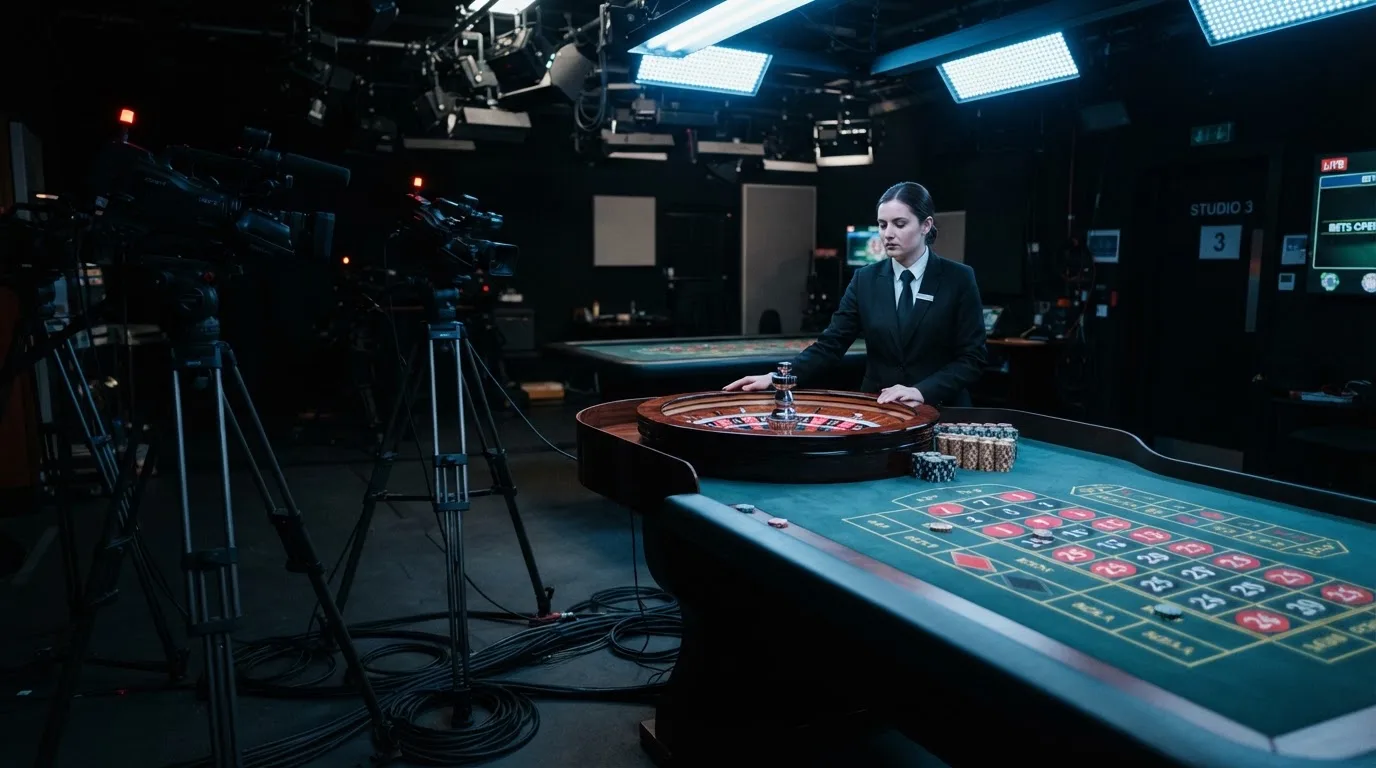 Kameraer på stativer og et roulettehjul midt i et mørkt livecasino-studie med en dealer i uniform, set fra siden i blåligt lys.