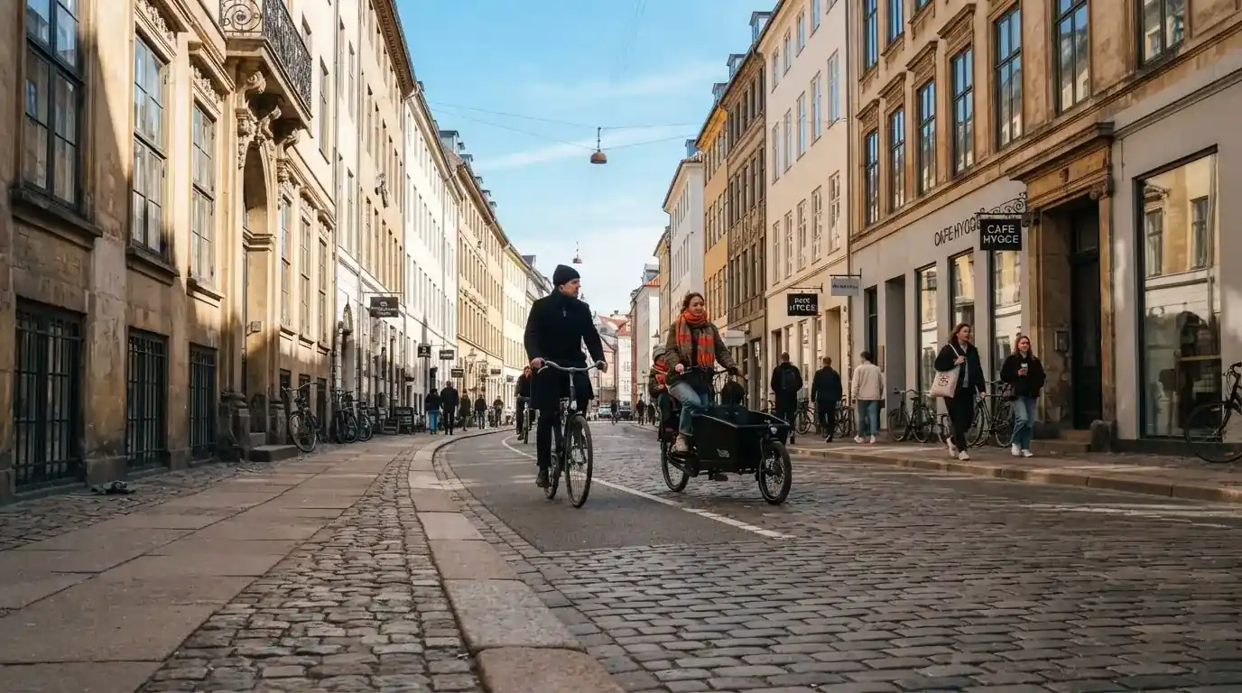 Københavnsk gade med klassiske sandstensbygninger og cyklister i klart vejr, set fra fortovet.