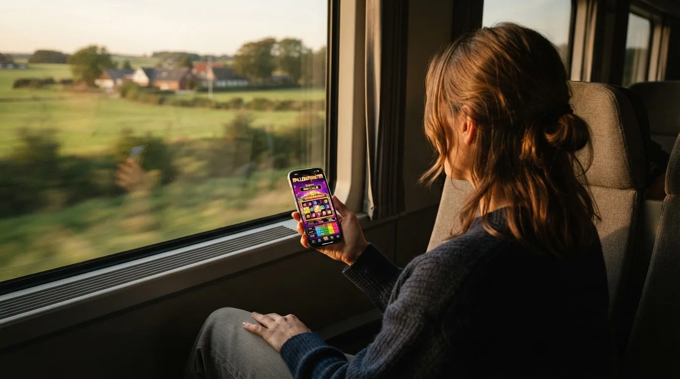 Kvinde på toget ser ud ad vinduet med mobilen i hånden, mens landskabet suser forbi i eftermiddagslys.